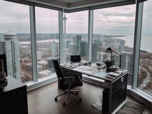 Corner office with a view of the city and bay