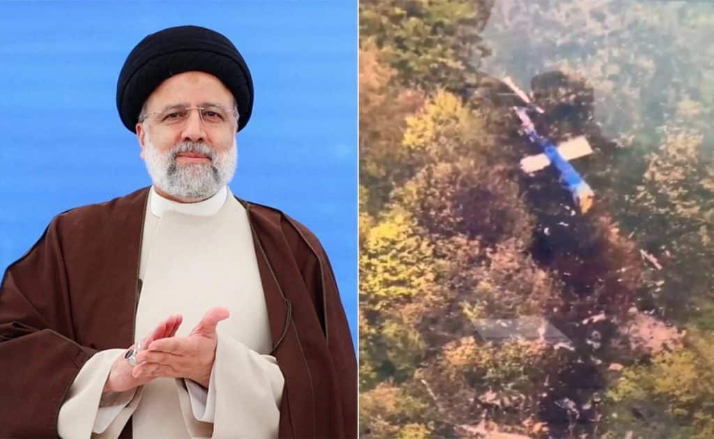 Former Iran President Ebrahim Raisi and the site of the helicopter crash.