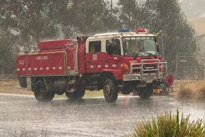 Fire truck in the rain